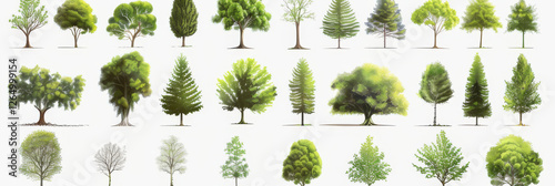 Collection of various tree illustrations showcasing different species and shapes in a botanical study. photo