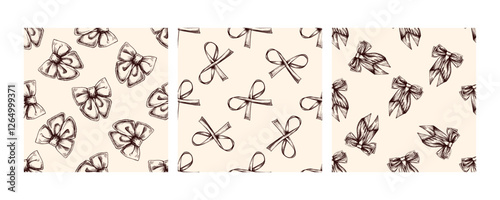 Seamless vintage bow patterns in brown on beige background