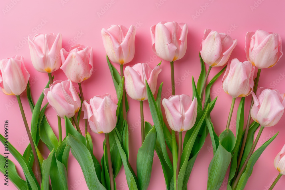Row of pink tulips against a matching pink background, creating a vibrant and elegant floral display. Row of pink tulips against a matching pink background, creating a vibrant and elegant floral display.