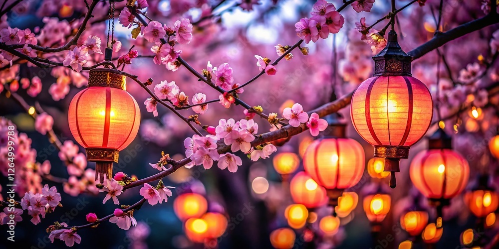 Fototapeta premium Magical Night: Glowing Lanterns & Delicate Cherry Blossoms in Macro Detail