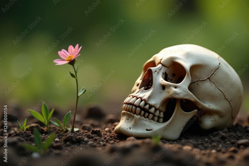 Skull lying in the dirt with only one small delicate flower blooming above it, wildflowers, flowers Skull lying in the dirt with only one small delicate flower blooming above it, wildflowers, flowers