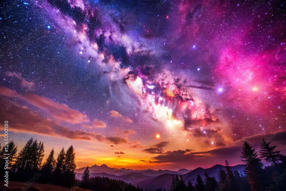 Naklejka premium Magical Pink Purple Galaxy Bokeh Night Sky Long Exposure Photography