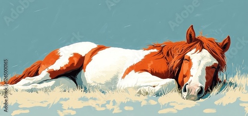 Peaceful Slumber: A Chestnut and White Pony Resting in the Grass