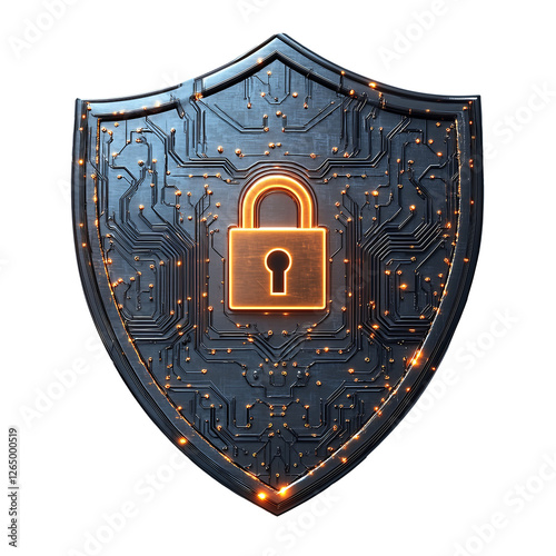 A shield with lock symbolizes information security, data transmission security protocol, hacker intrusion protection, cyber security concept
