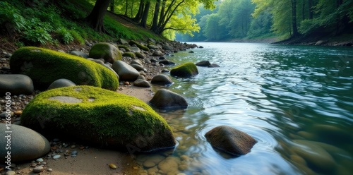 Shoreline of a river with wavy current and moss-covered rocks, rocks, serene, river