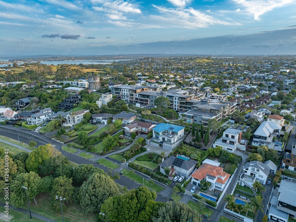 Fototapeta premium High-angle view of a residential neighborhood with modern and traditional homes. Variety of architectural styles, lush greenery, and streets. Urban landscape. GLENDOWIE, AUCKLAND, NZ