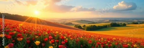 Panorama de campagne avec les collines ondul?es et des champs de fleurs color?s, soleil, campagne photo