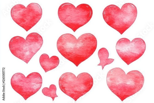 Beautiful watercolor love hearts in different red, pink, and vinous hues, ideal for romantic Saint Valentine's Day decor, presented as handdrawn ink and watercolor sketchy illustrations with cutout