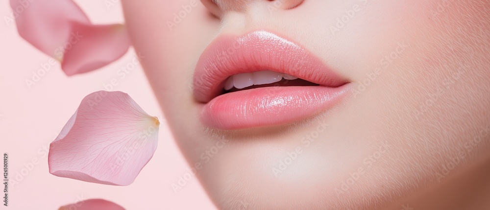Obraz premium Close-up of a woman's lips. the lips are full and glossy, and the skin appears to be smooth and well-groomed.