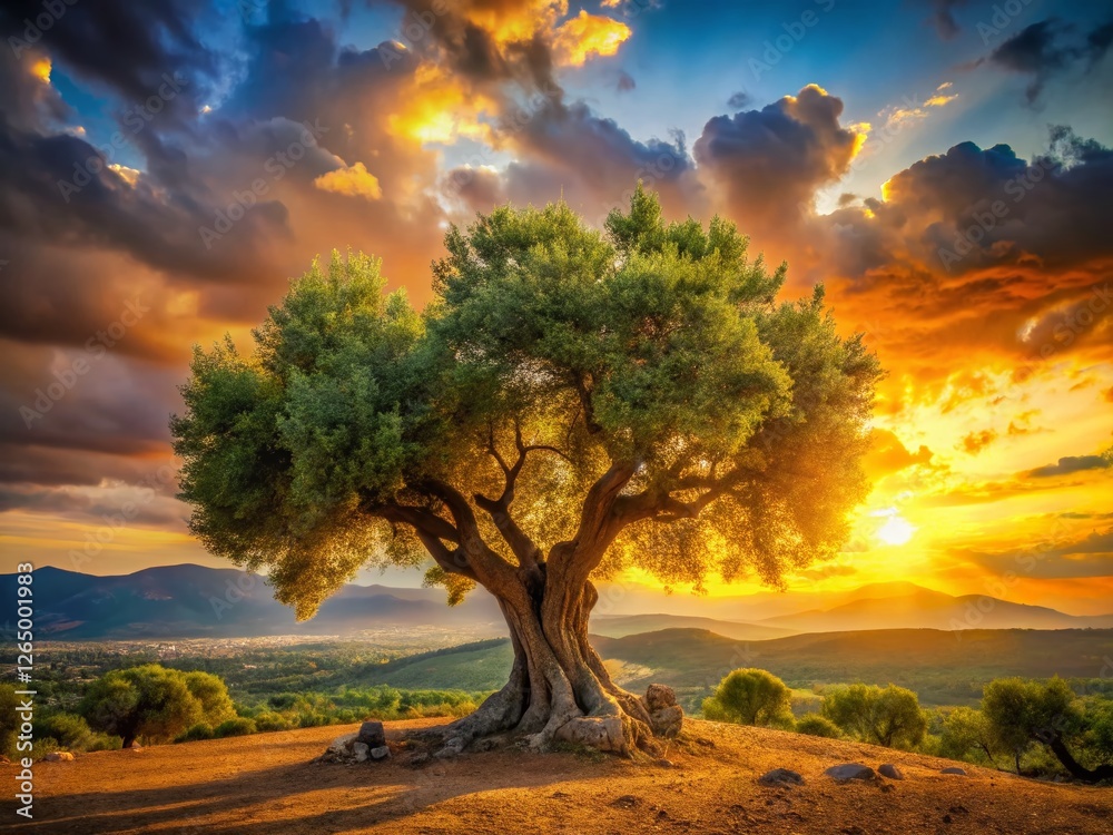 Fototapeta premium Majestic Ancient Olive Tree at Sunset, Mountain Panorama