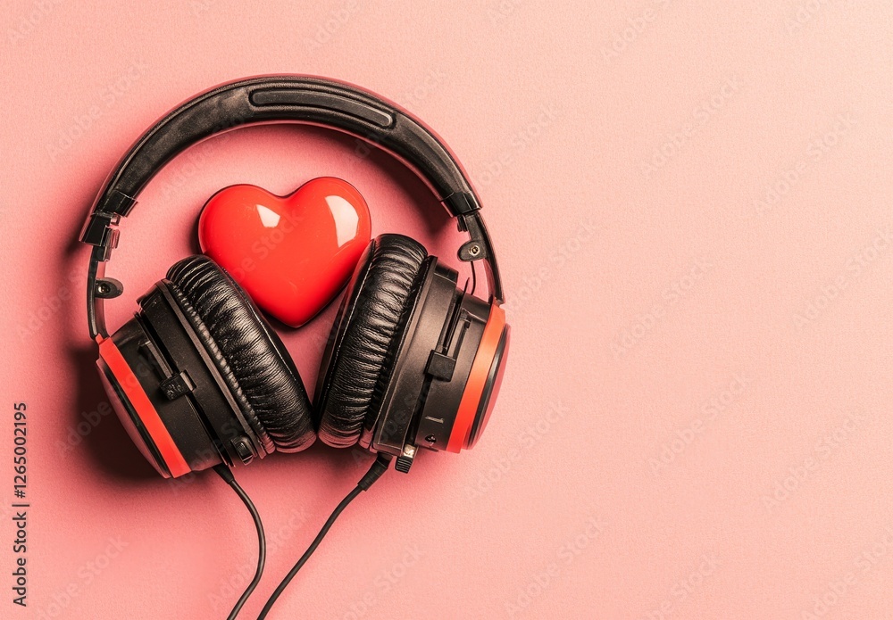 Modern headphones and a decorative heart are arranged in a flat lay on a vibrant colored background Modern headphones and a decorative heart are arranged in a flat lay on a vibrant colored background