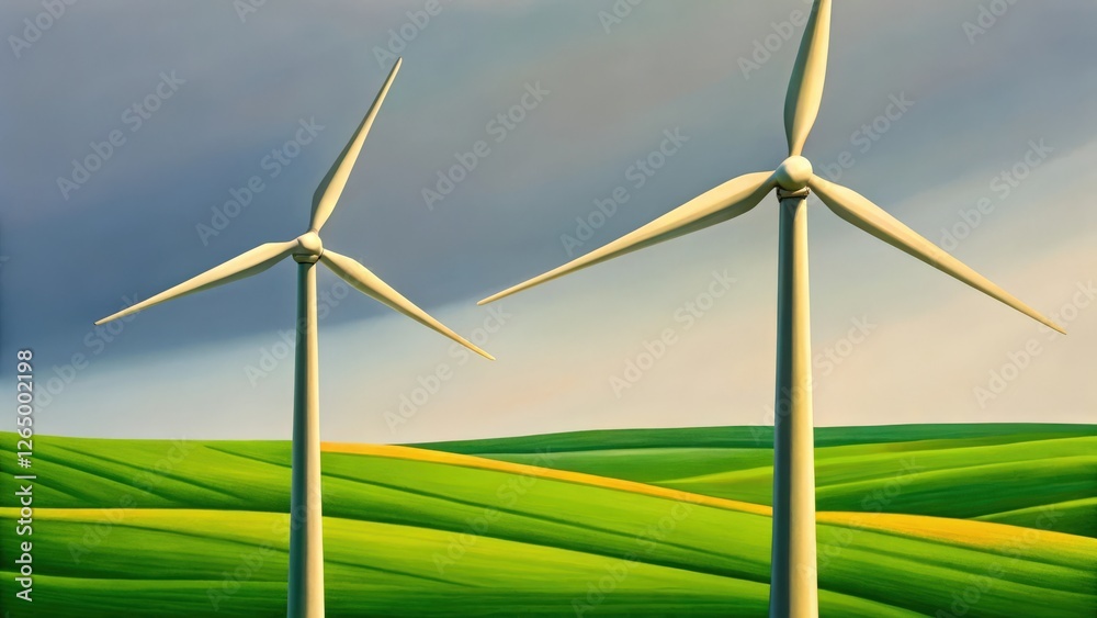 Fototapeta premium two wind turbines standing tall in a field of rolling hills, representing clean energy and a sustainable future. The sky above is filled with clouds, adding drama to the scene 