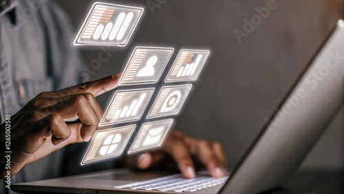 A medium closeup of shimmering holographic icons representing various data sources being integrated with a user gesturing to combine them into a cohesive dashboard.