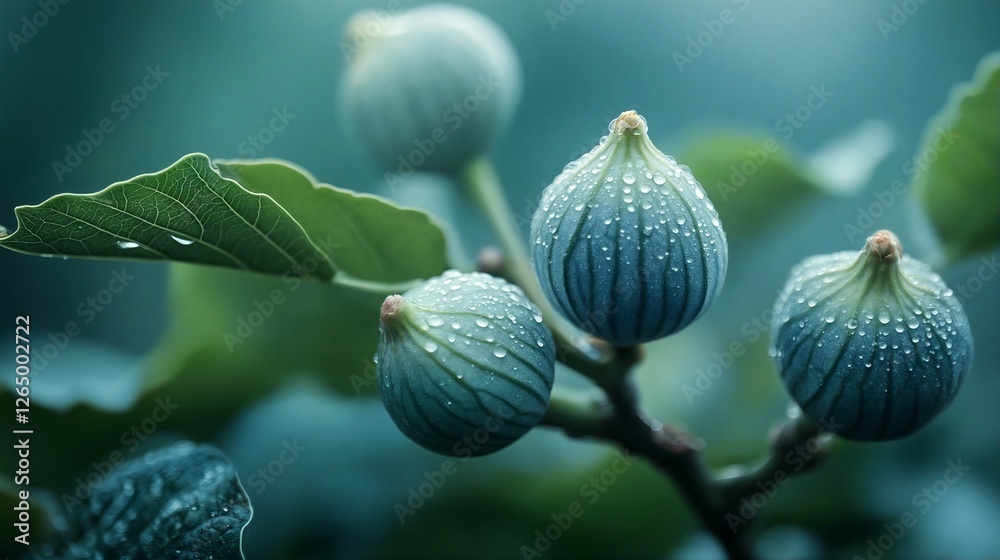 A close-up photograph of fresh figs on a tree branch with raindrops.