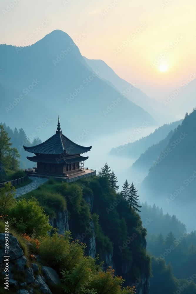 Misty morning in the mountains with a wooden temple, serene, fog Misty morning in the mountains with a wooden temple, serene, fog