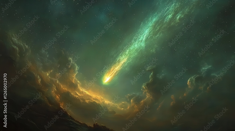Fototapeta premium comet streaking across the sky, with its bright nucleus and glowing green coma trailing a magnificent tail of ionized gas