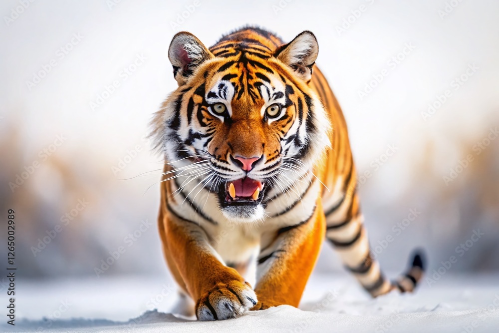 Fototapeta premium Majestic Bengal Tiger Attacking: Tilt-Shift Miniature Effect, Isolated on White