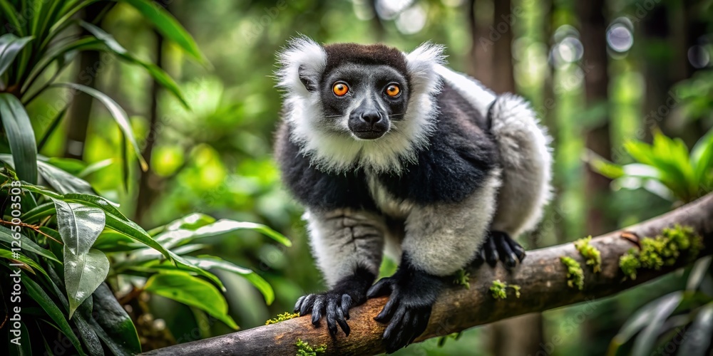Fototapeta premium Majestic Black and White Lemur in Wild Habitat - Aerial Drone Shot