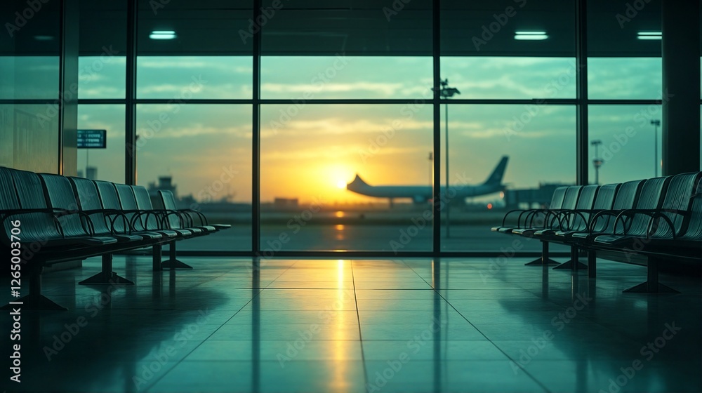 Fototapeta premium Airport waiting area with chairs and sunset through window.