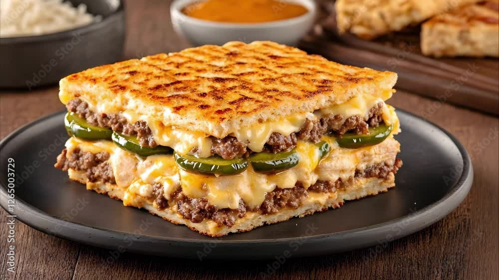 A stacked sandwich with layers of grilled meat, cheese, jalapeños, and toasted bread, served with a side sauce. A stacked sandwich with layers of grilled meat, cheese, jalapeños, and toasted bread, served with a side sauce.