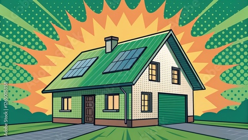a modern house with solar panels on the roof. Green energy and sustainable living are highlighted through the use of a vibrant green color palette and a comic book inspired background. 