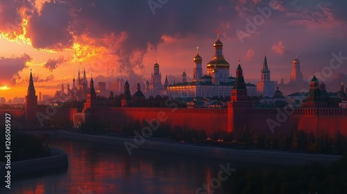 Kremlin at sunset, its red walls and golden domes glowing under the last rays of light.