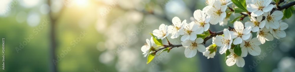 Obraz premium Delicate white flowers adorn the branches of a majestic tree, delicate flowers, blooming trees