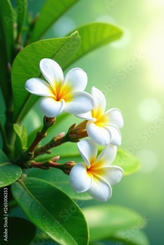 Delicate white frangipani blooms in a lush green foliage, fragrant flowers, flowers