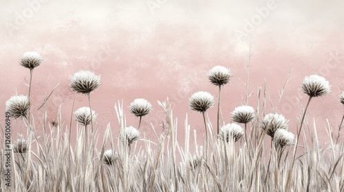 Frosted Meadow Flowers, Soft Lilac and Peach Watercolor Background, Gentle Pastel, Detailed