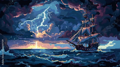 A pixel art image of a ship sailing on a stormy sea at sunset.