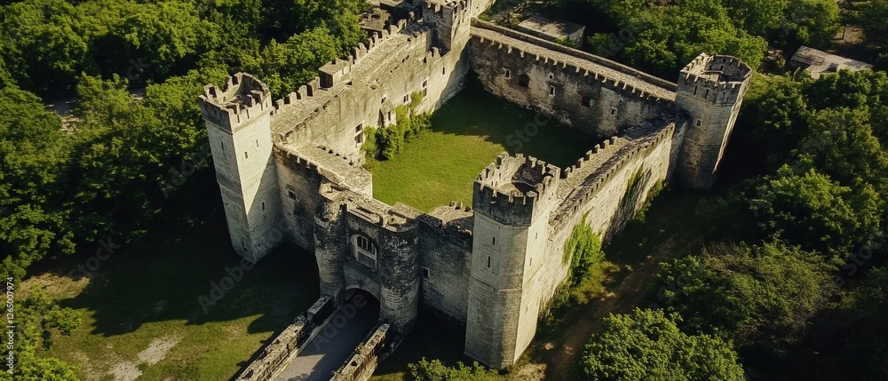 Majestic Castle Enclosed by Lush Foliage and Inviting Drawbridge Majestic Castle Enclosed by Lush Foliage and Inviting Drawbridge