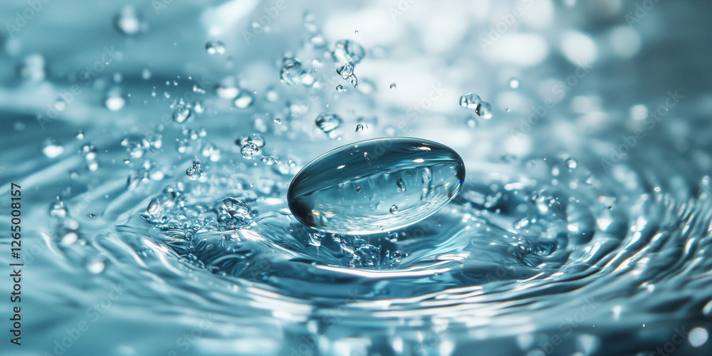 Water droplet on a water surface, close-up of a water drop and splash against a blue background