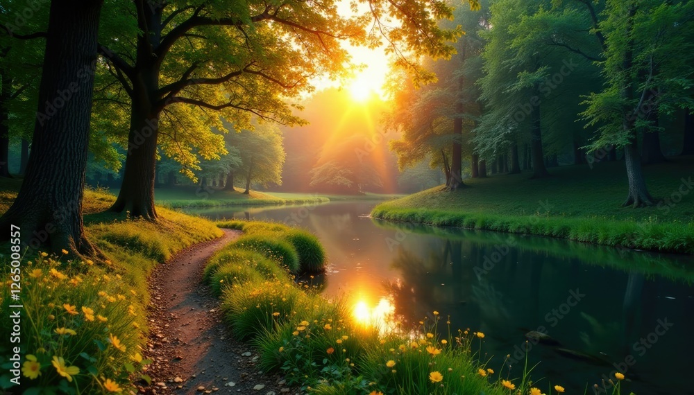 Obraz premium A peaceful forest with a winding path and a serene pond at sunset, tranquil atmosphere, natural wonders