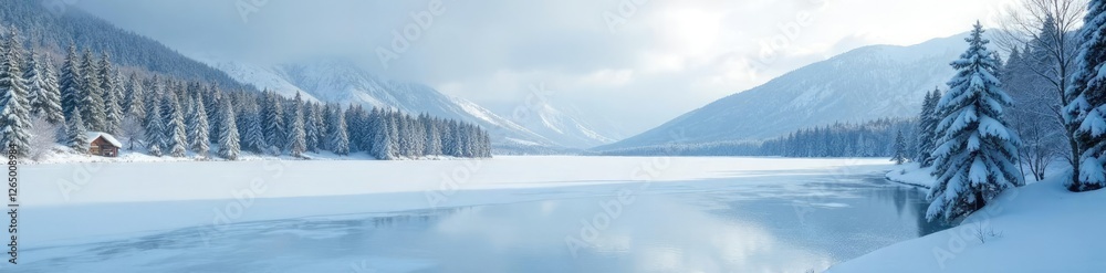 A frozen lake with snow-covered trees and hills in the background, evergreen, snowy landscape A frozen lake with snow-covered trees and hills in the background, evergreen, snowy landscape
