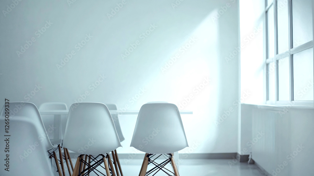 a chairs arranged in a white conference room, quiet atmosphere, no people, Meeting room, Generative ai a chairs arranged in a white conference room, quiet atmosphere, no people, Meeting room, Generative ai