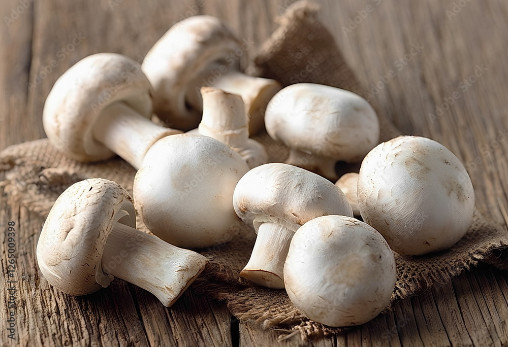 Fresh white mushrooms arranged on a rustic wooden surface Fresh white mushrooms arranged on a rustic wooden surface