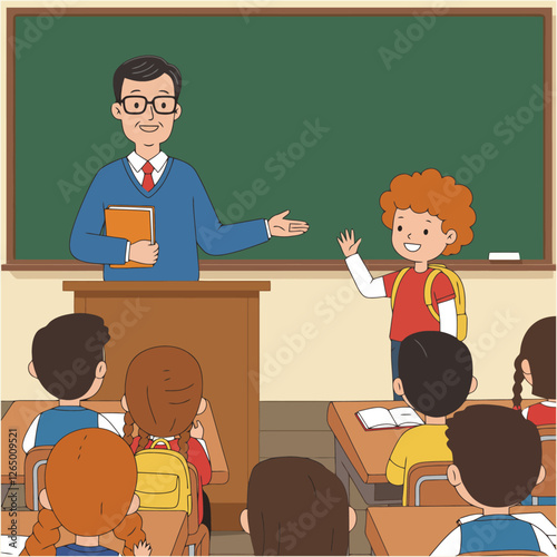 Teacher and Student Interaction in Classroom Setting Illustration