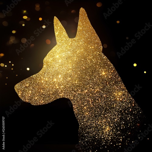 golden silhouette dog on black background. Glittery Doberman Silhouette