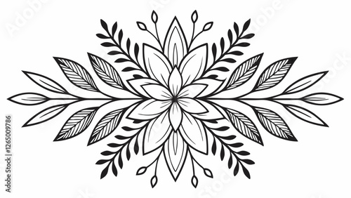 An intricate black and white floral design featuring symmetrical leaves and petals, creating a harmonious and elegant pattern.