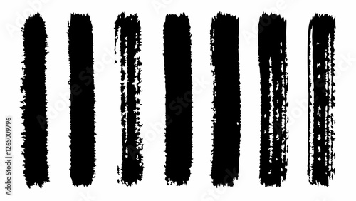A collection of seven textured black paint strokes on a white background, showcasing varying widths and brush techniques for artistic expression.