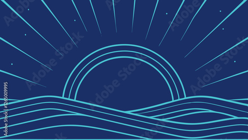 A vibrant, abstract illustration featuring a stylized sun rising over flowing waves, highlighted in shades of blue and cyan.