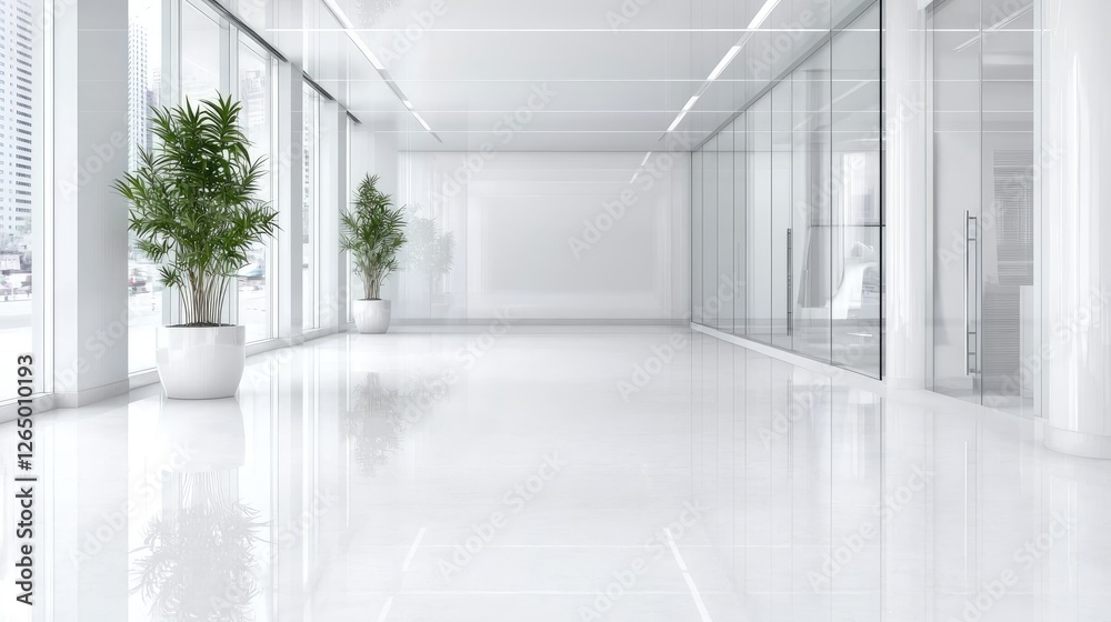 Fototapeta premium Modern office hallway, city view, plants, empty space, interior design