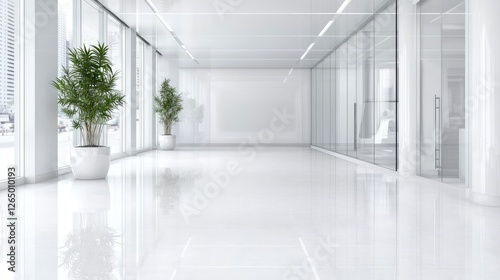 Modern office hallway  city view  plants  empty space   interior design