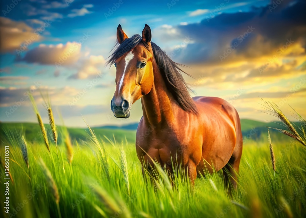 Obraz premium Majestic Horse Grazing in Lush Green Pasture - High-Resolution Stock Photo