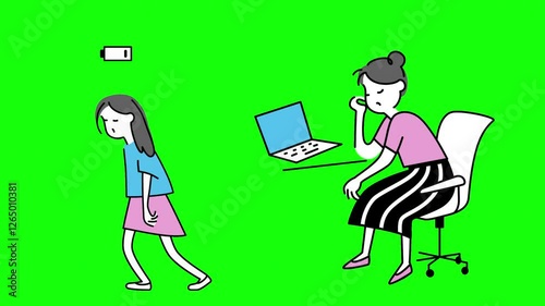 Young Woman tired at work and weary woman struggling to stay awake on green background
