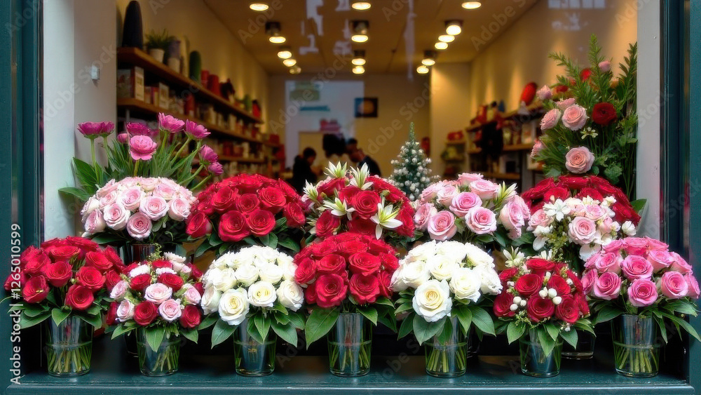 Obraz premium In the window of a flower shop, beautiful bouquets of flowers stand in vases. The concept of a women's holiday.