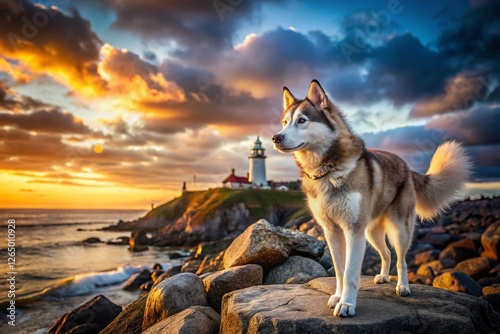 Majestic Husky Dog Posing on Rugged Coastal Rocks at Sunset - Architectural Photography