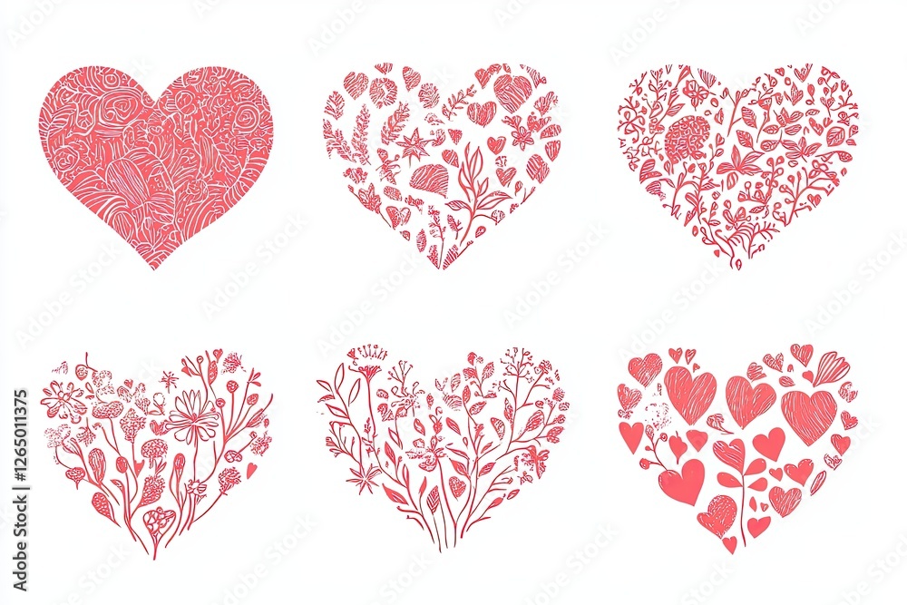 Set of heart shaped posters cards love pattern line graphic design holiday valentine date couple beautiful gift. Set of heart shaped posters cards love pattern line graphic design holiday valentine date couple beautiful gift.