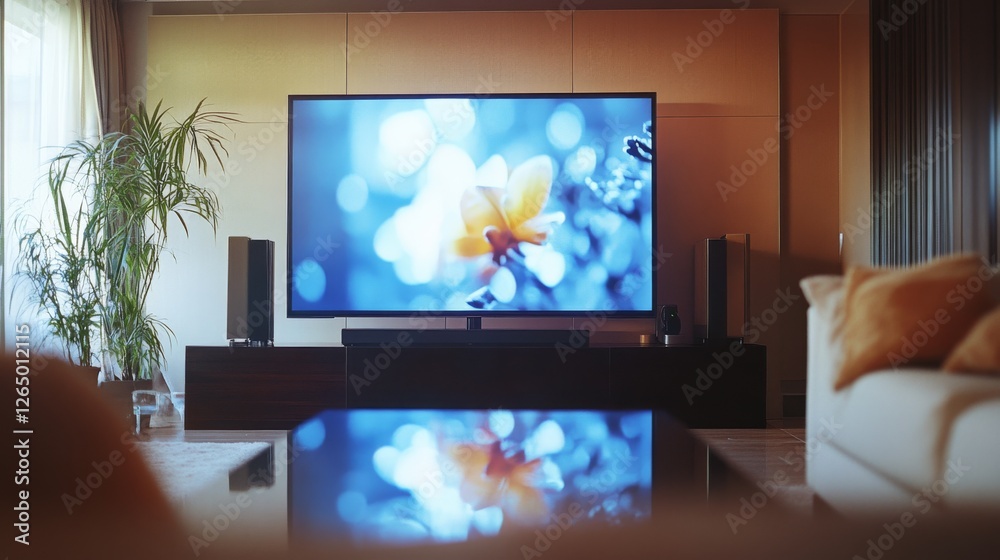 Fototapeta premium A vibrant entertainment room features a large TV displaying a vivid floral image, surrounded by plush seating and contemporary decor.