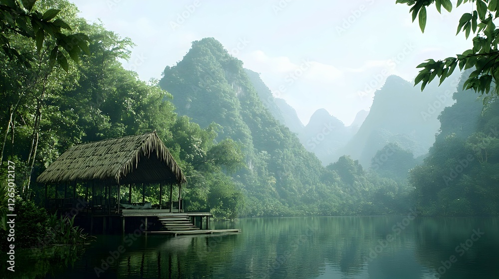 Fototapeta premium Misty Lake with Wooden Hut in Tropical Forest Valley